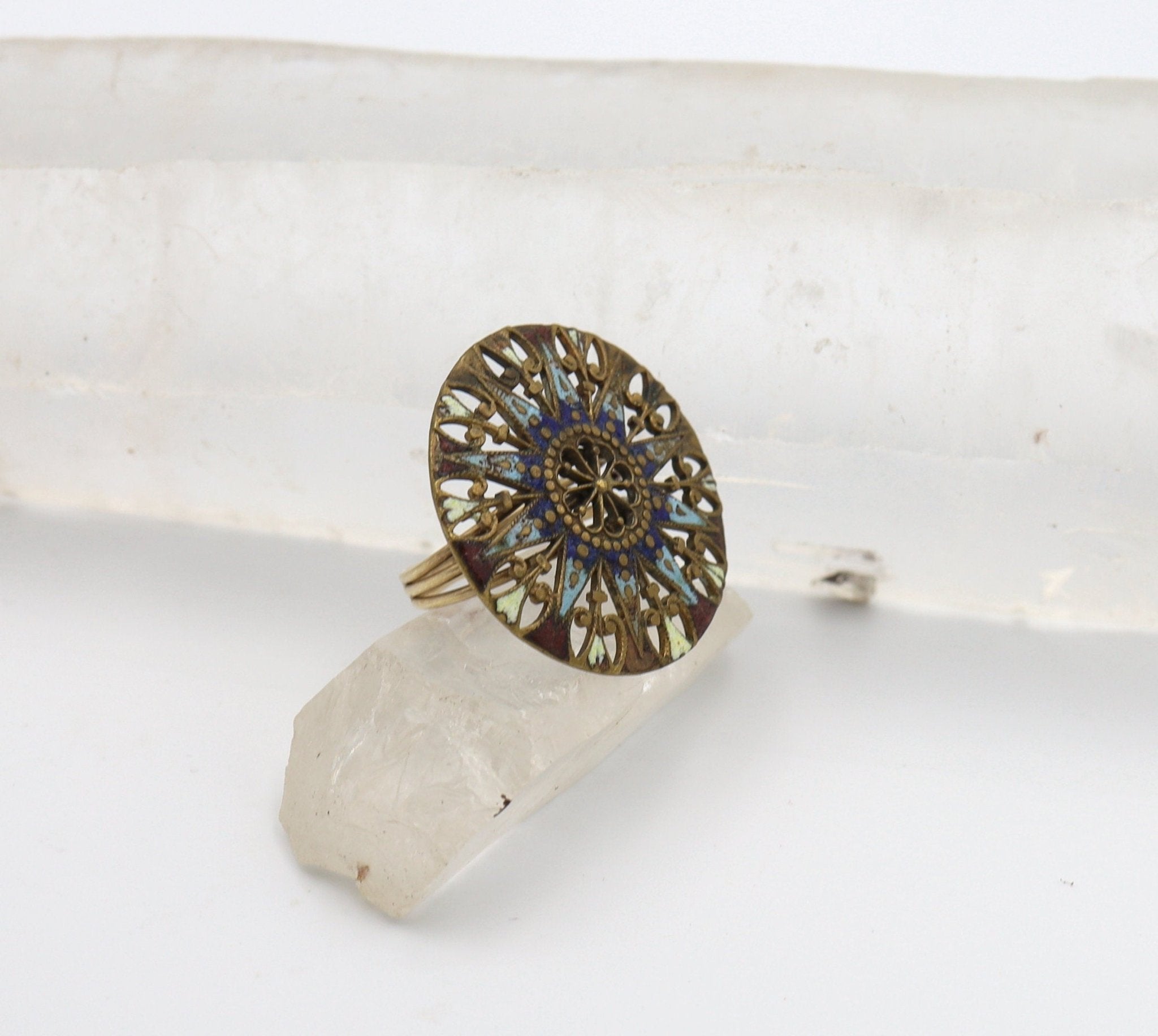 Vintage Enamel Ring with 14k Yellow Gold Band and Base Metal Top - Petra Star
