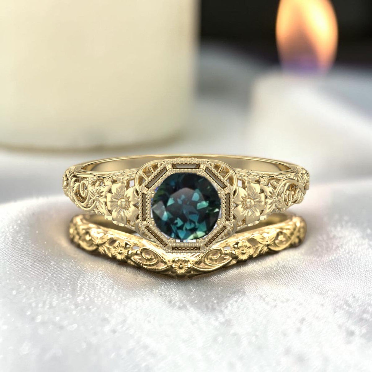 Vintage Inspired Cherry Blossom Semi-Mount Ring 14k Gold | Round 4.6–5mm Center Stone | Engagement Ring | Petra Star - Petra Star