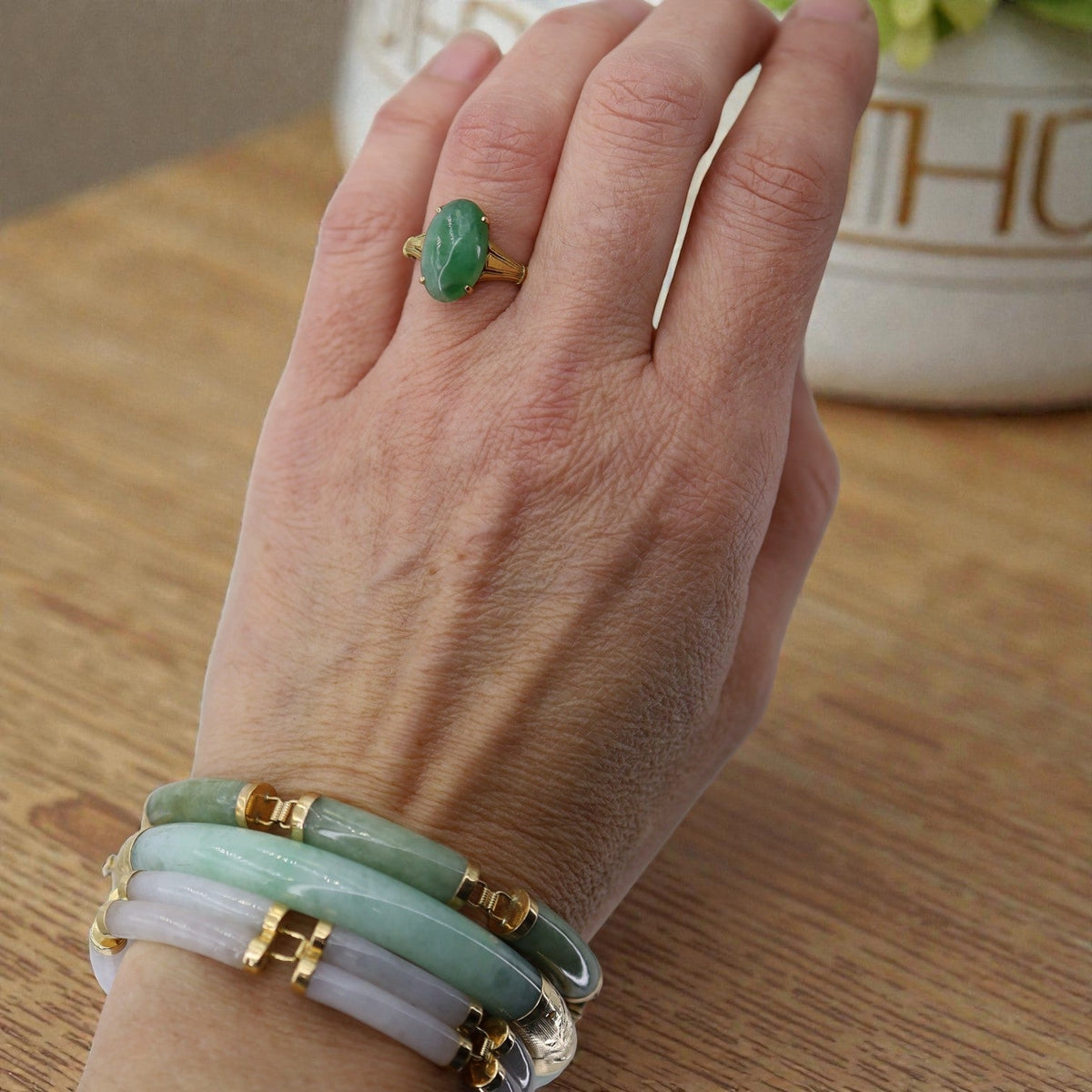 Vintage Jade & 14k Gold Hinged Bangle Bracelet - Petra Star
