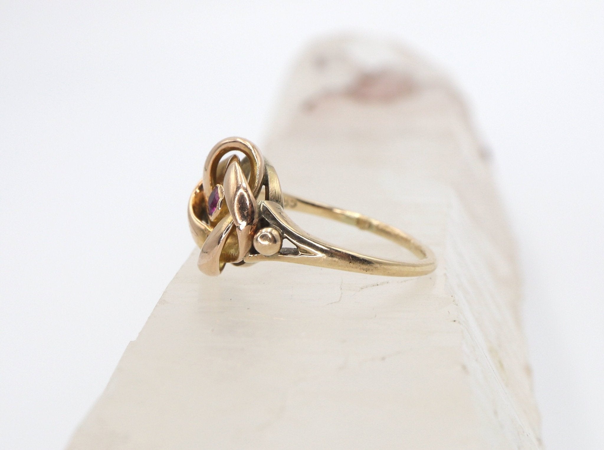 Vintage Love Knot Ring—14k Gold with Ruby - Petra Star