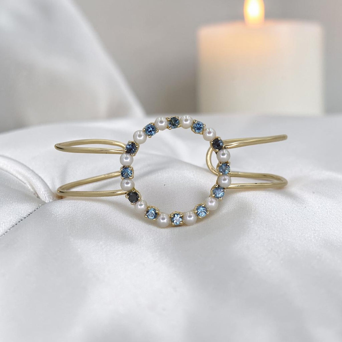 Reimagined Estate Brooch Cuff Bracelet — 14K Gold, Pearl & Blue Zircon, Circa 1930s