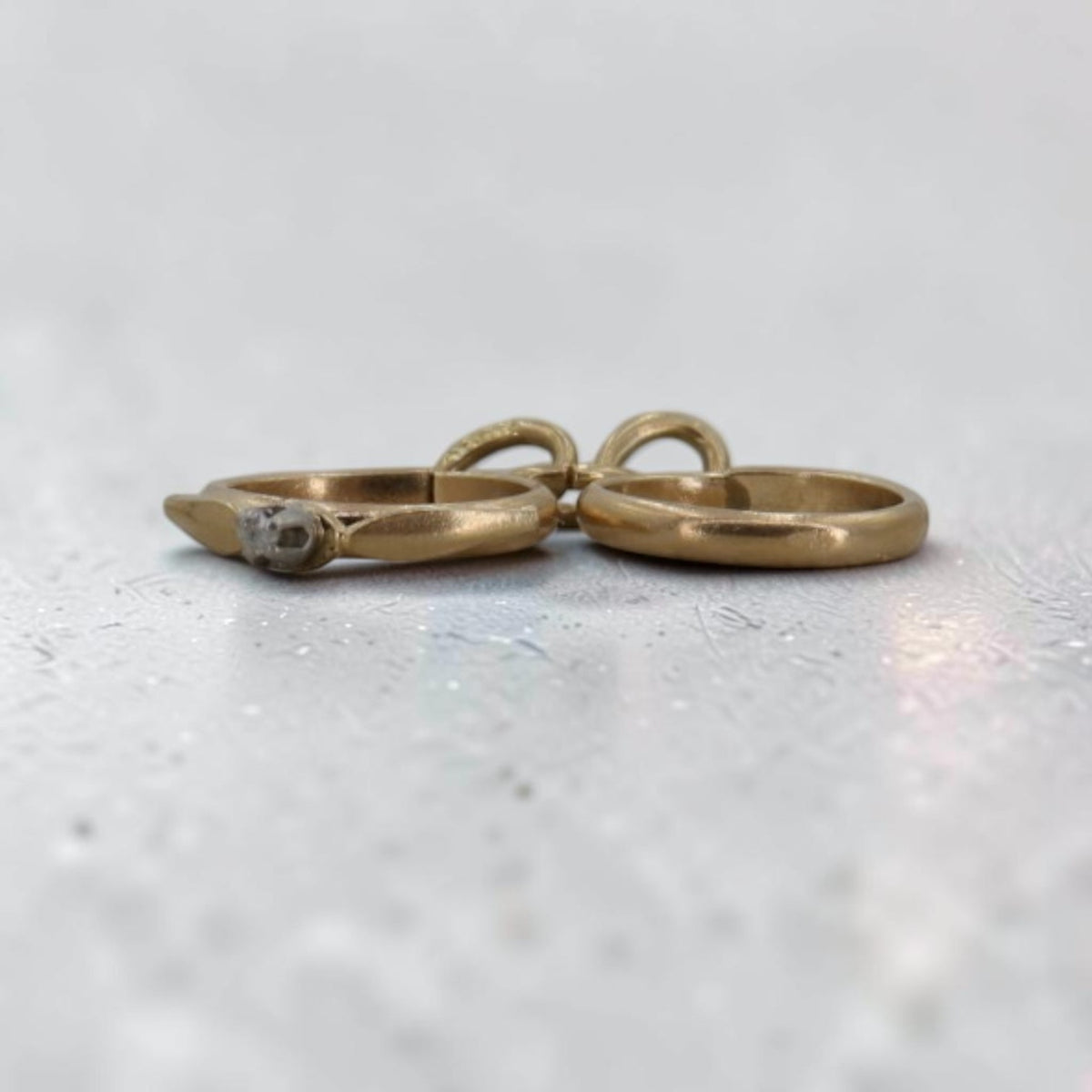 Antique 1800s 14K Yellow Gold Wedding Ring Set Charm — Earth-Mined Table Cut Diamond, Hallmarked