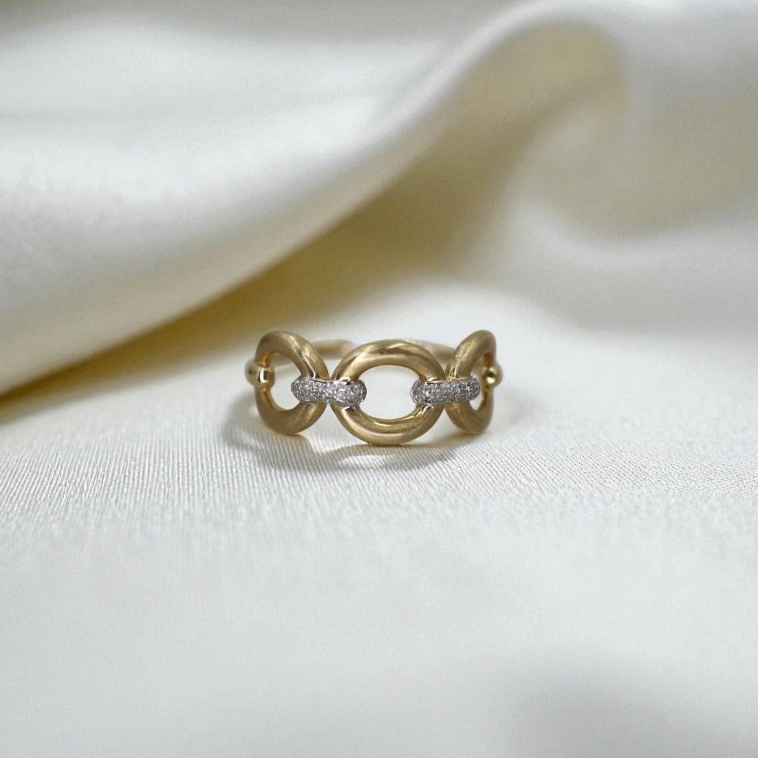 Wide Diamond Link Band – Satin 14k Yellow Gold, 14k White Gold Diamond Accents - Petra Star