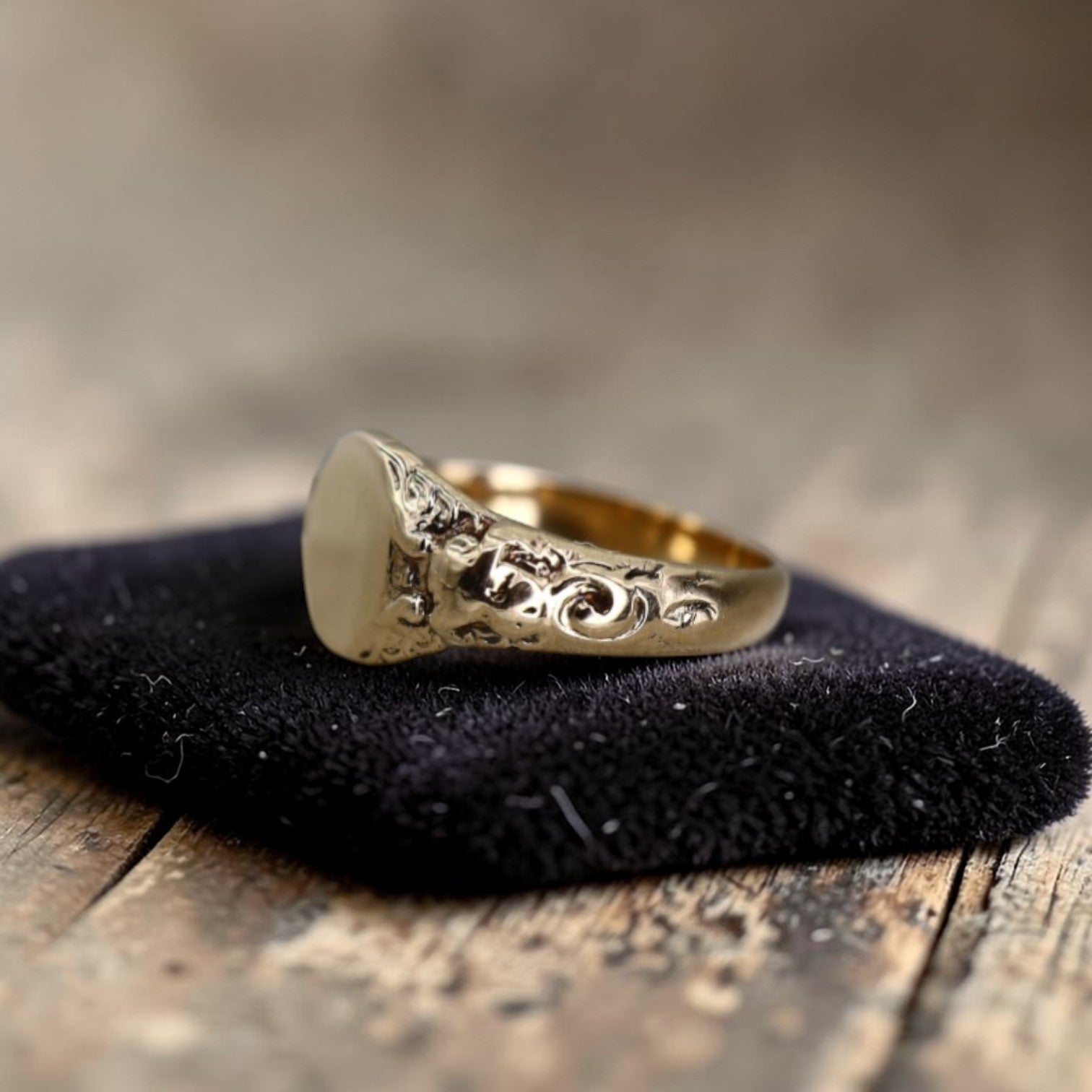 Art Nouveau Signet Ring – Customizable 10k Yellow Gold with Scrollwork Shoulders - Petra Star
