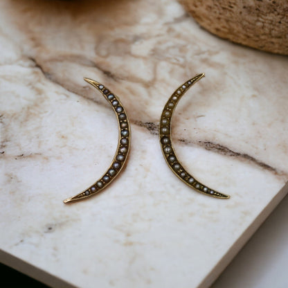 gold moon earrings with pearl