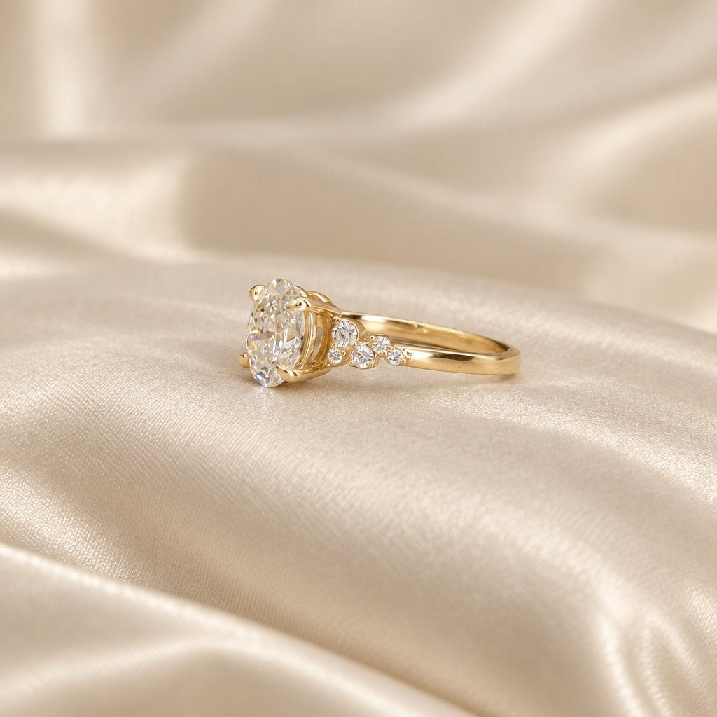 1.21 ct Oval Lab-Grown Diamond Engagement Ring in 14k Yellow Gold, Scattered Side Diamonds, IGI, Size 6.75 - Petra StarEngagement Ring