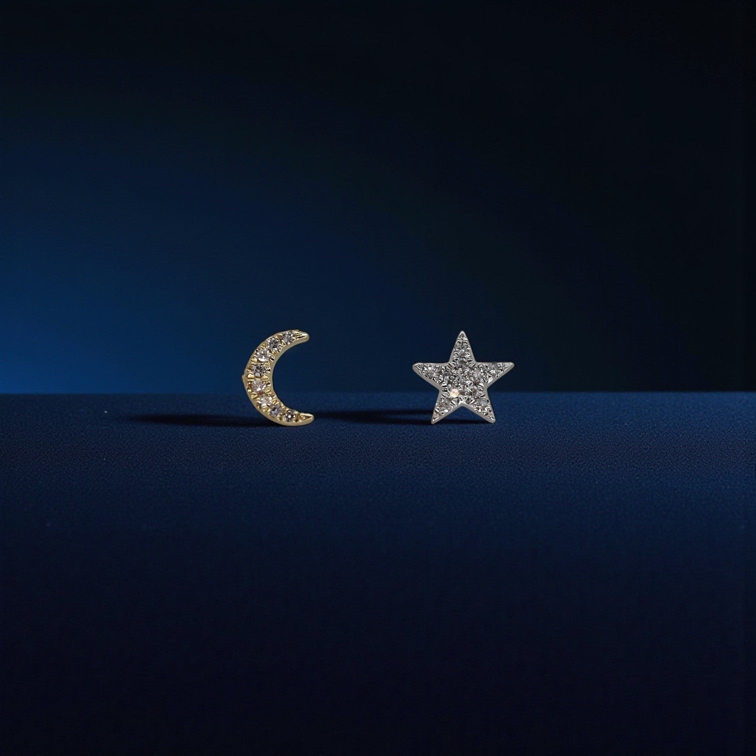 14k Gold Diamond Stud Earring—Crescent Moon or Star (Sold As Singles) - Petra Star