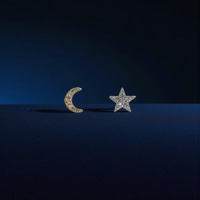 14k Gold Diamond Stud Earring—Crescent Moon or Star (Sold As Singles) - Petra Star