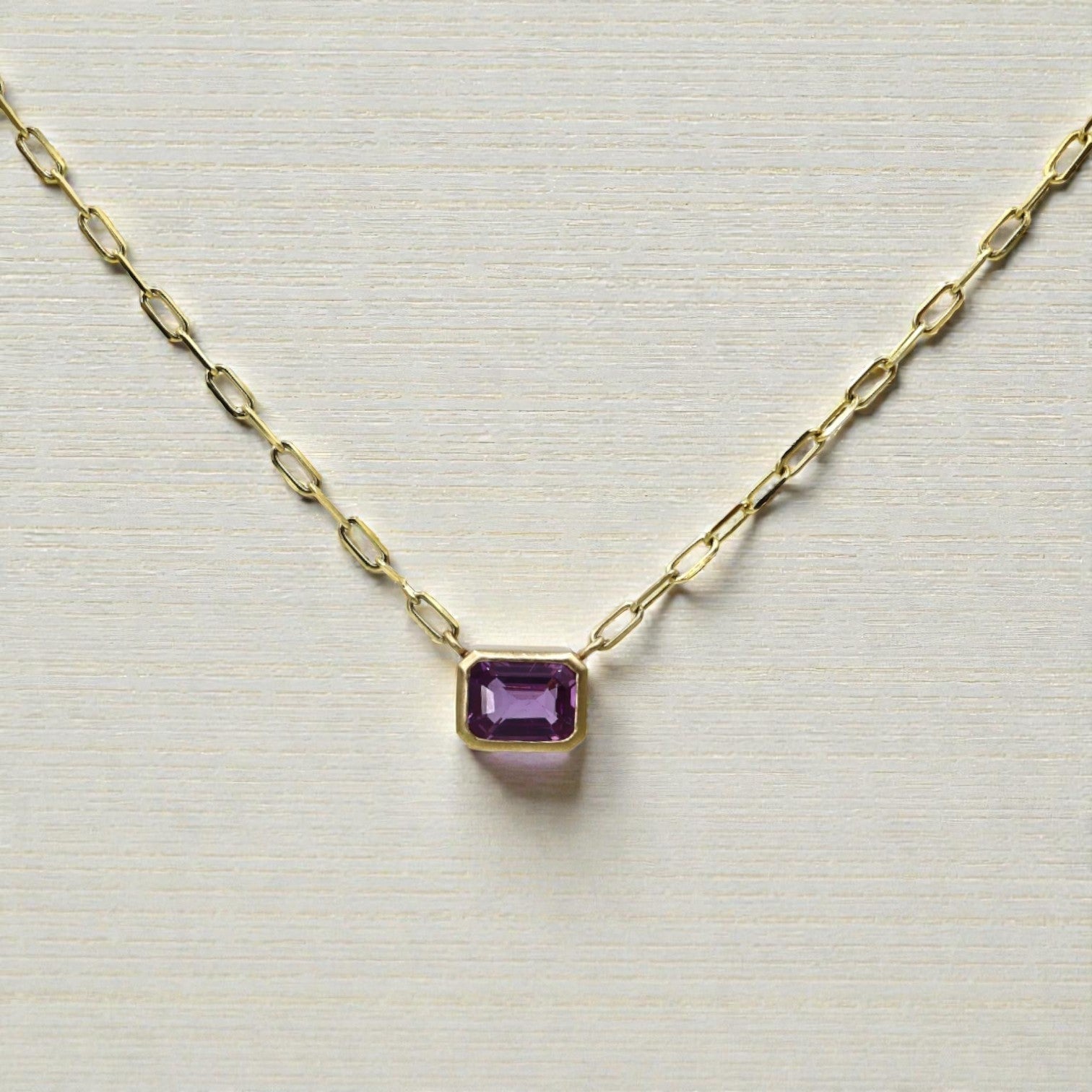 14k Gold No-Heat Pink Sapphire Necklace – Emerald Cut, 1.45 cts - Petra Star