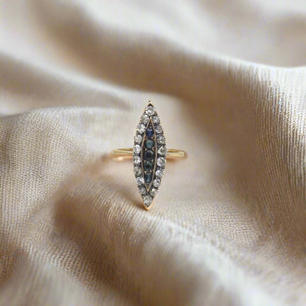 14k Gold Victorian Sapphire & Diamond Navette Ring - Petra Star