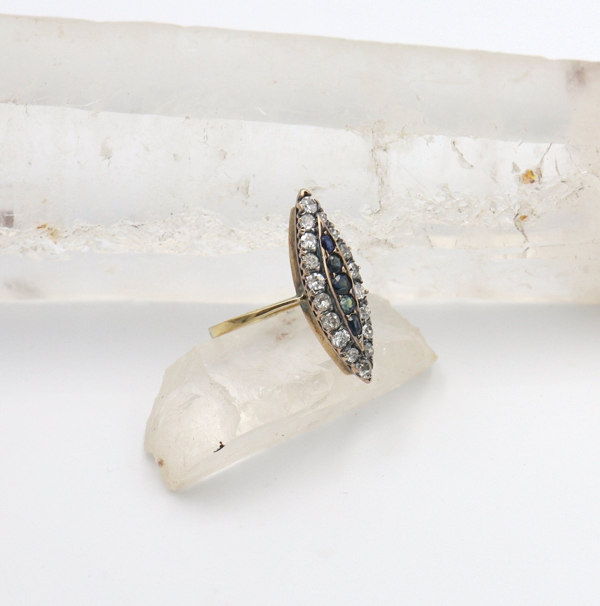 14k Gold Victorian Sapphire & Diamond Navette Ring - Petra Star