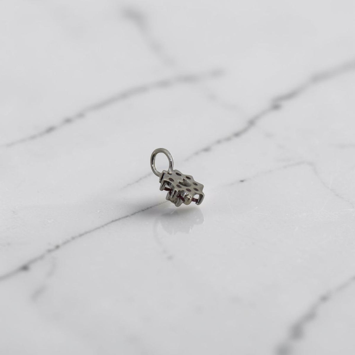 Vintage Ruby and Diamond Halo Charm in 14k White Gold, Converted Earring, Circa 1970s-80s