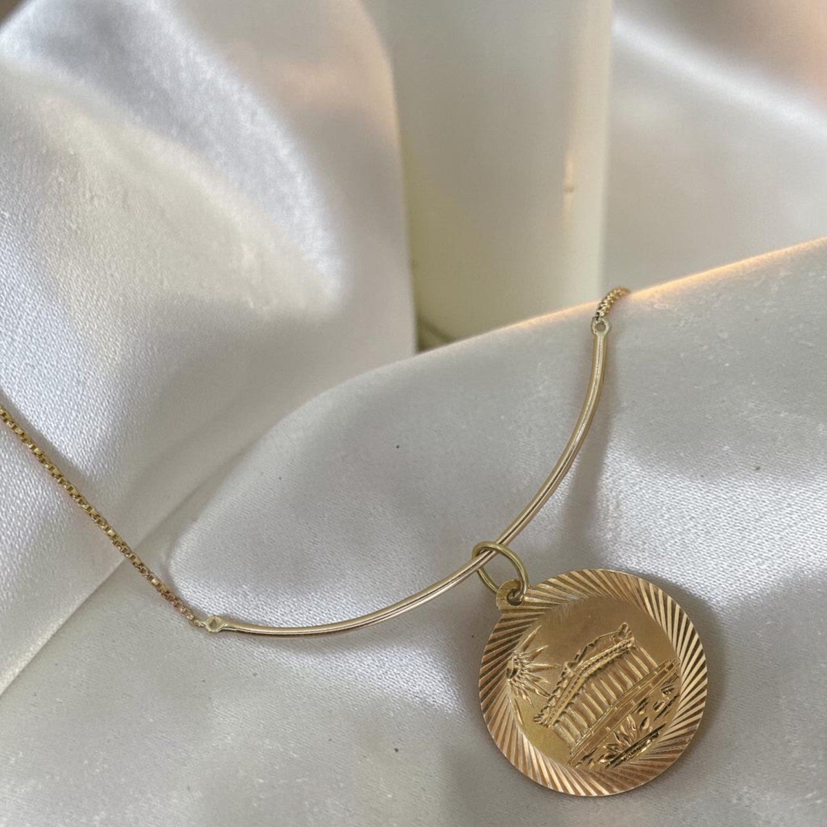 14K Yellow Gold Charm Holder Necklace — Converted Stickpin, Curved Bar Design, 15.5" - Petra StarNecklace