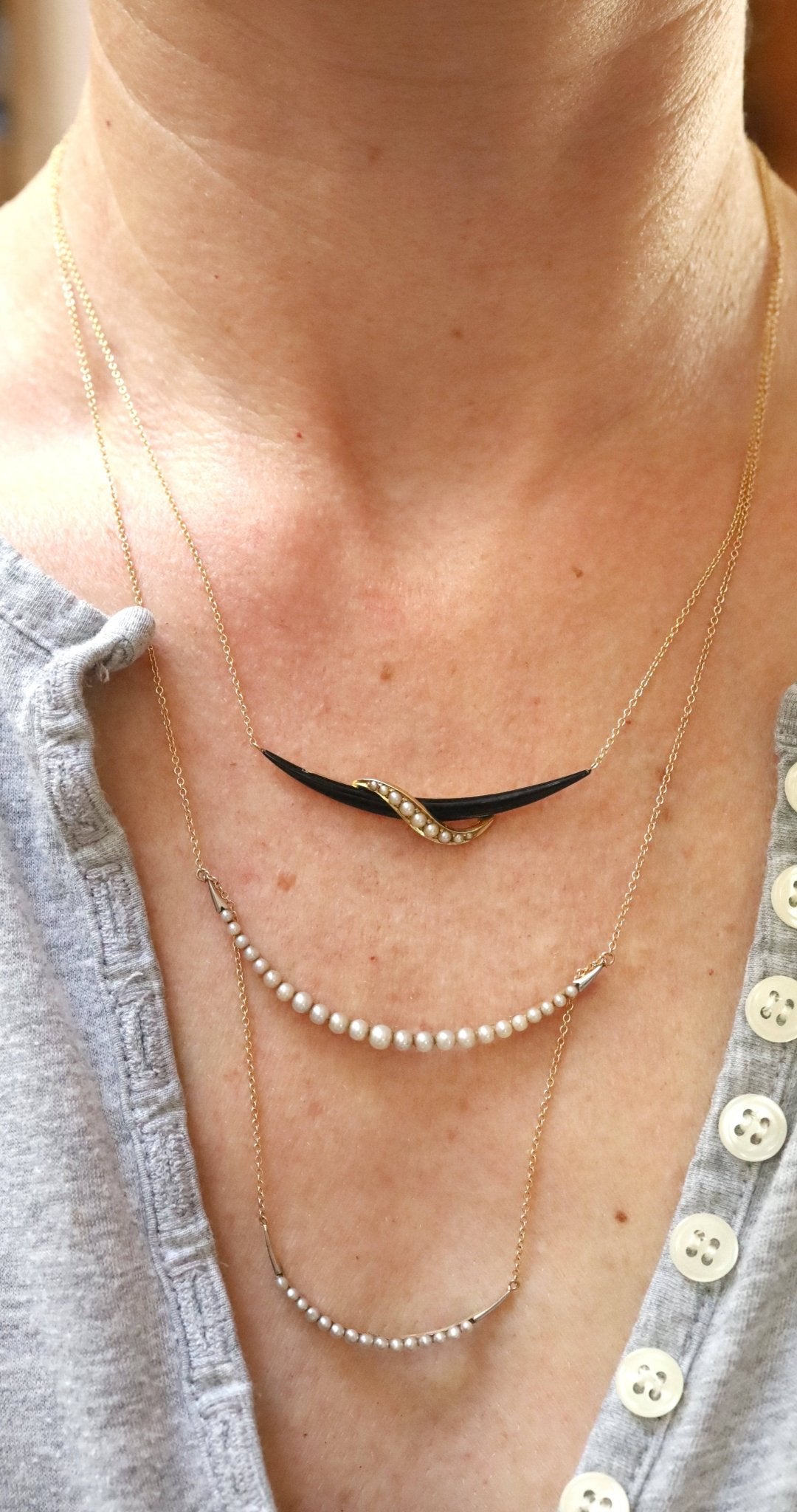 14k Yellow Gold Large Crescent Victorian Moon Pendant Necklace with Black Enamel - Petra Star