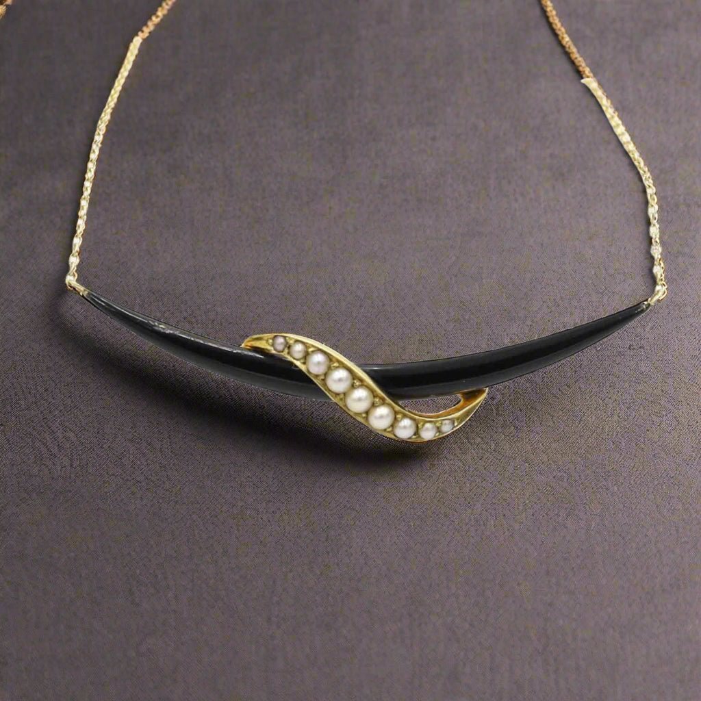 14k Yellow Gold Large Crescent Victorian Moon Pendant Necklace with Black Enamel - Petra Star