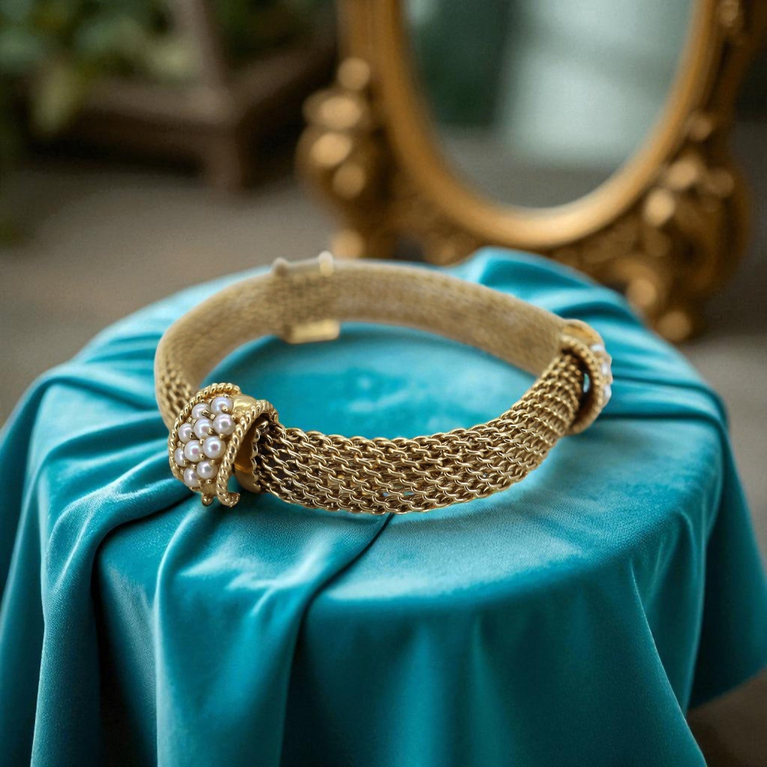 Vintage 14k gold mesh weave bracelet from The Vintage Vault, showing a delicate, polished jewelry piece with intricate mesh design.