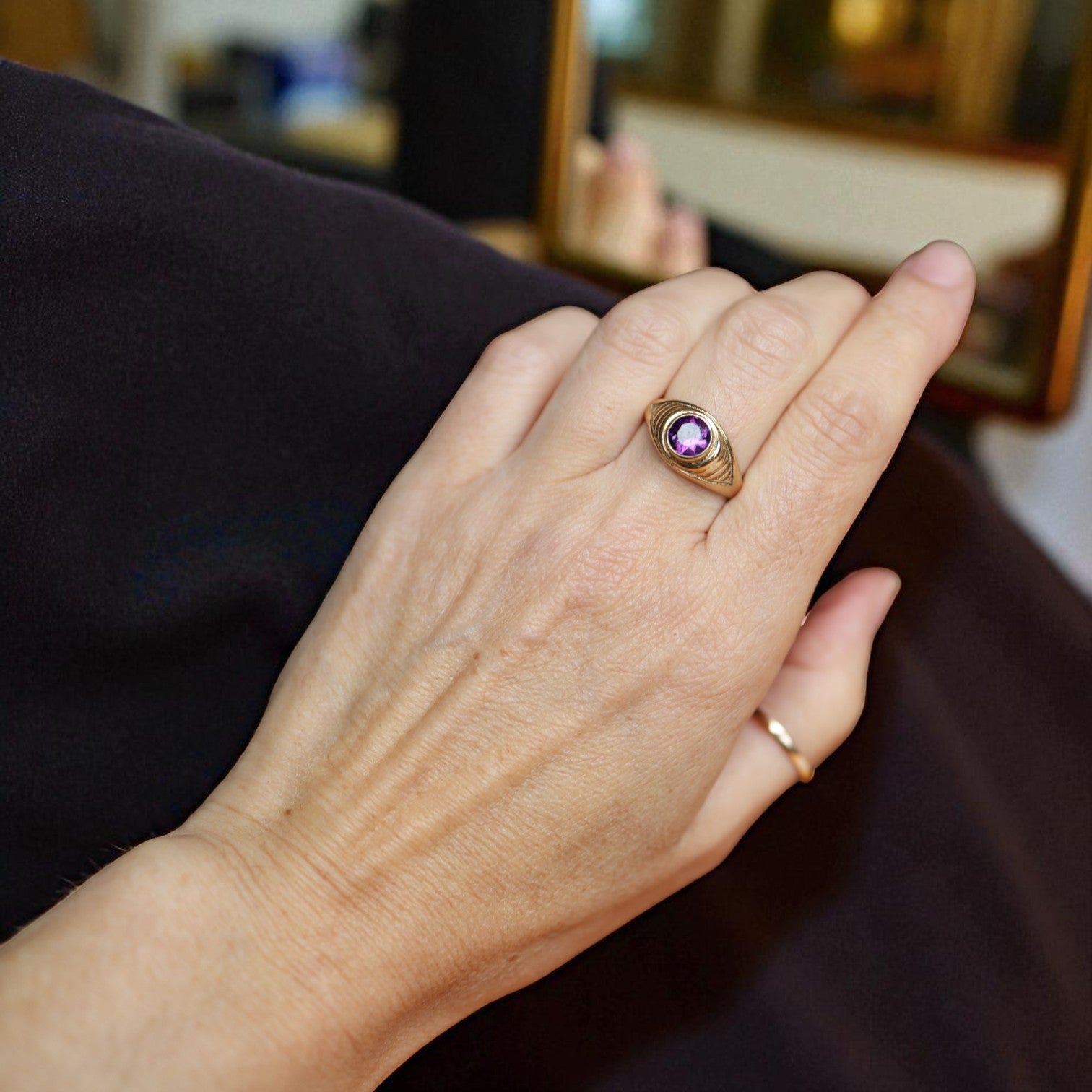 Vintage 1990s Bezel Set Amethyst Ring – Heavy 14k Yellow Gold Tapered Dome - Petra Star