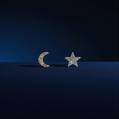 Dilamani 14k gold diamond stud earring featuring a crescent moon or star design, sold as a single earring.