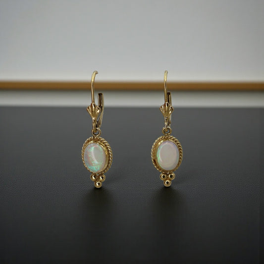 Vintage Opal Leverback Earrings in 14k Yellow Gold