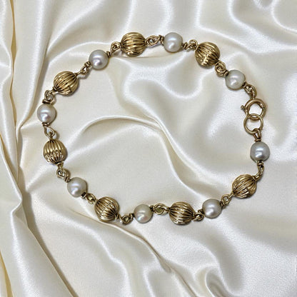 Modern Vintage 14k Yellow Gold and Pearl Bracelet – Handcrafted 7.75” Strand - Petra Star