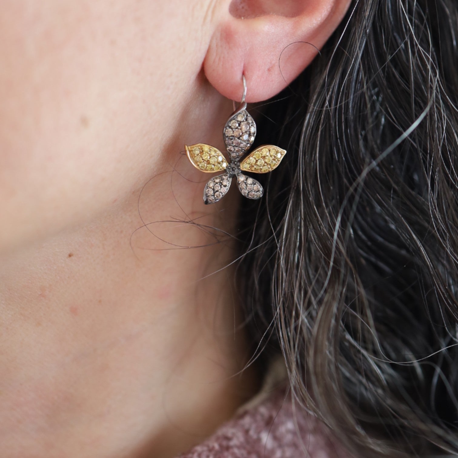 18k Gold Yellow & Brown Diamond Flower Drop Earrings (1.60 cts) - Petra Star