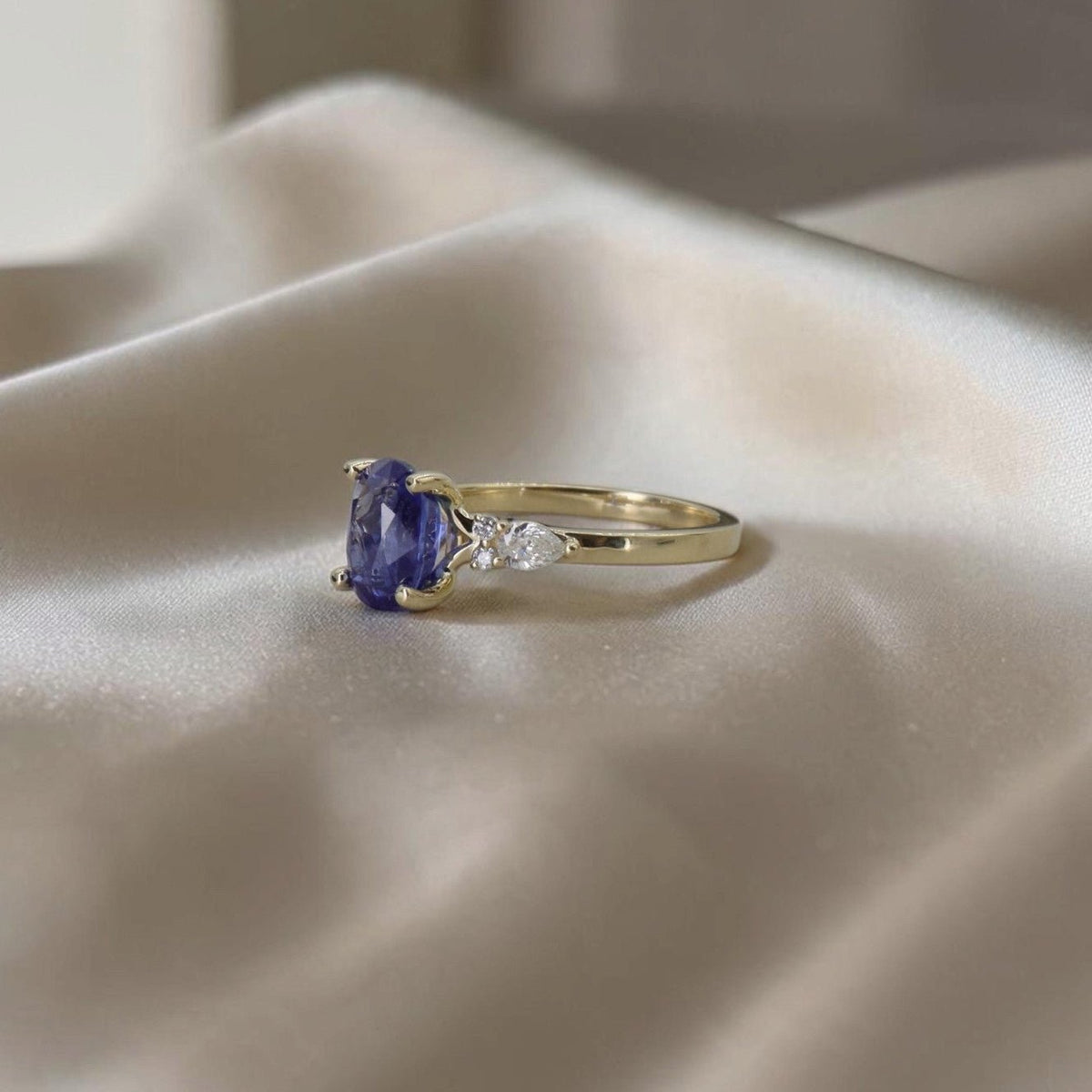 1.96 ct Oval Sapphire Engagement Ring in 14k Yellow Gold, Pear and Round Diamond Shoulders, Size 7 - Petra StarEngagement Ring