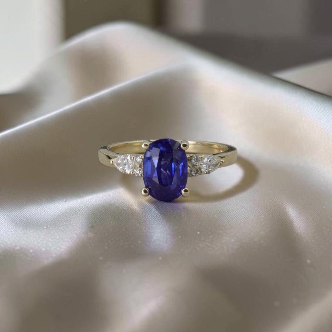 1.96 ct Oval Sapphire Engagement Ring in 14k Yellow Gold, Pear and Round Diamond Shoulders, Size 7 - Petra StarEngagement Ring