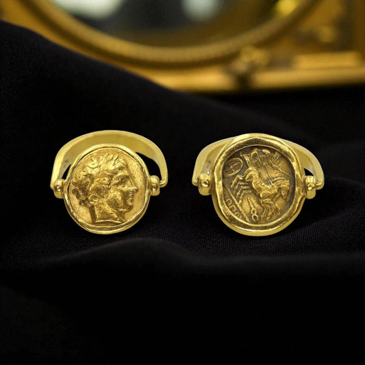 Rare Philip II 24k Gold Ancient Macedonian Coin Ring – Apollo, Zeus Chariot, 22k Gold Antique Mounting - Petra Star