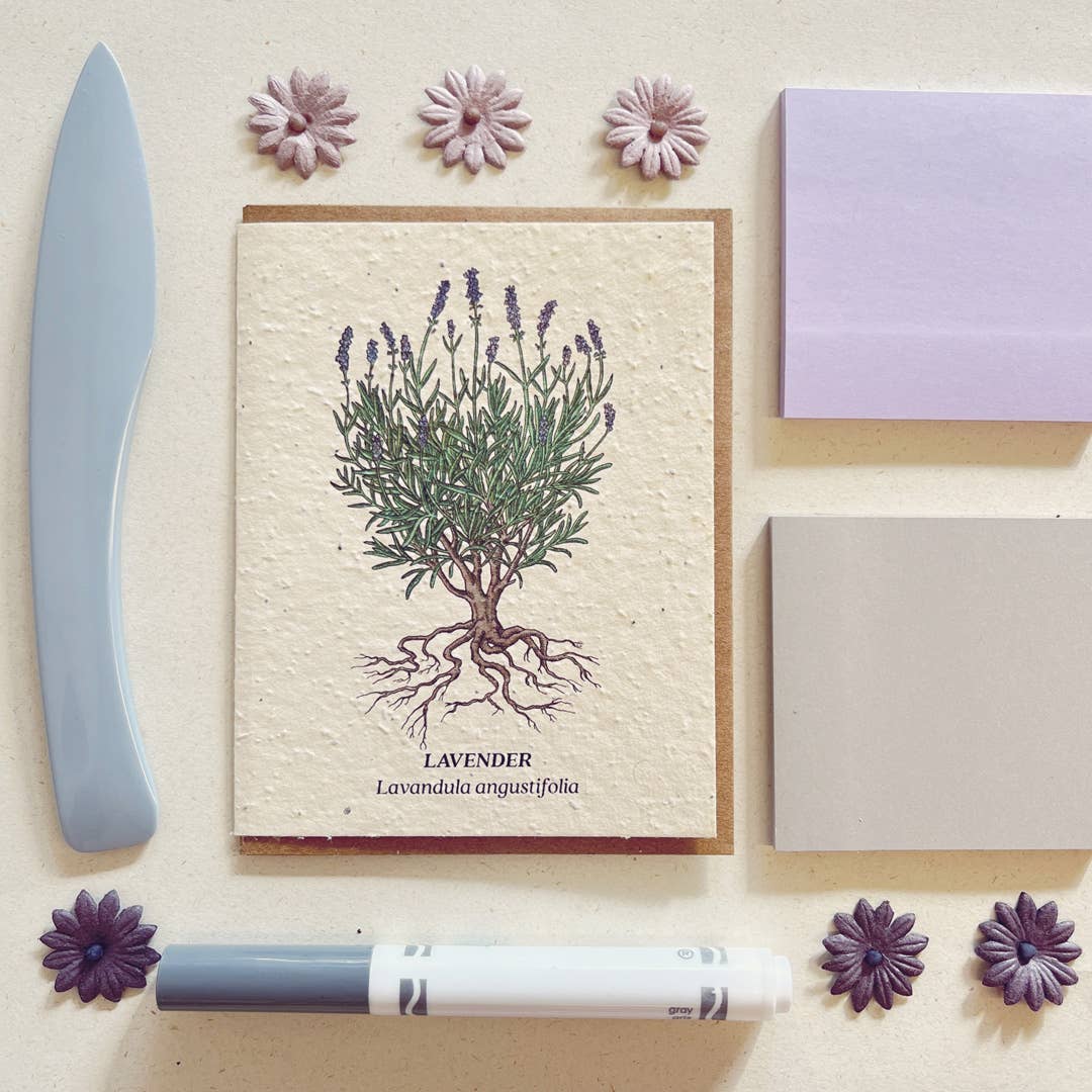 Tarjeta con semillas de flores silvestres plantables de lavanda