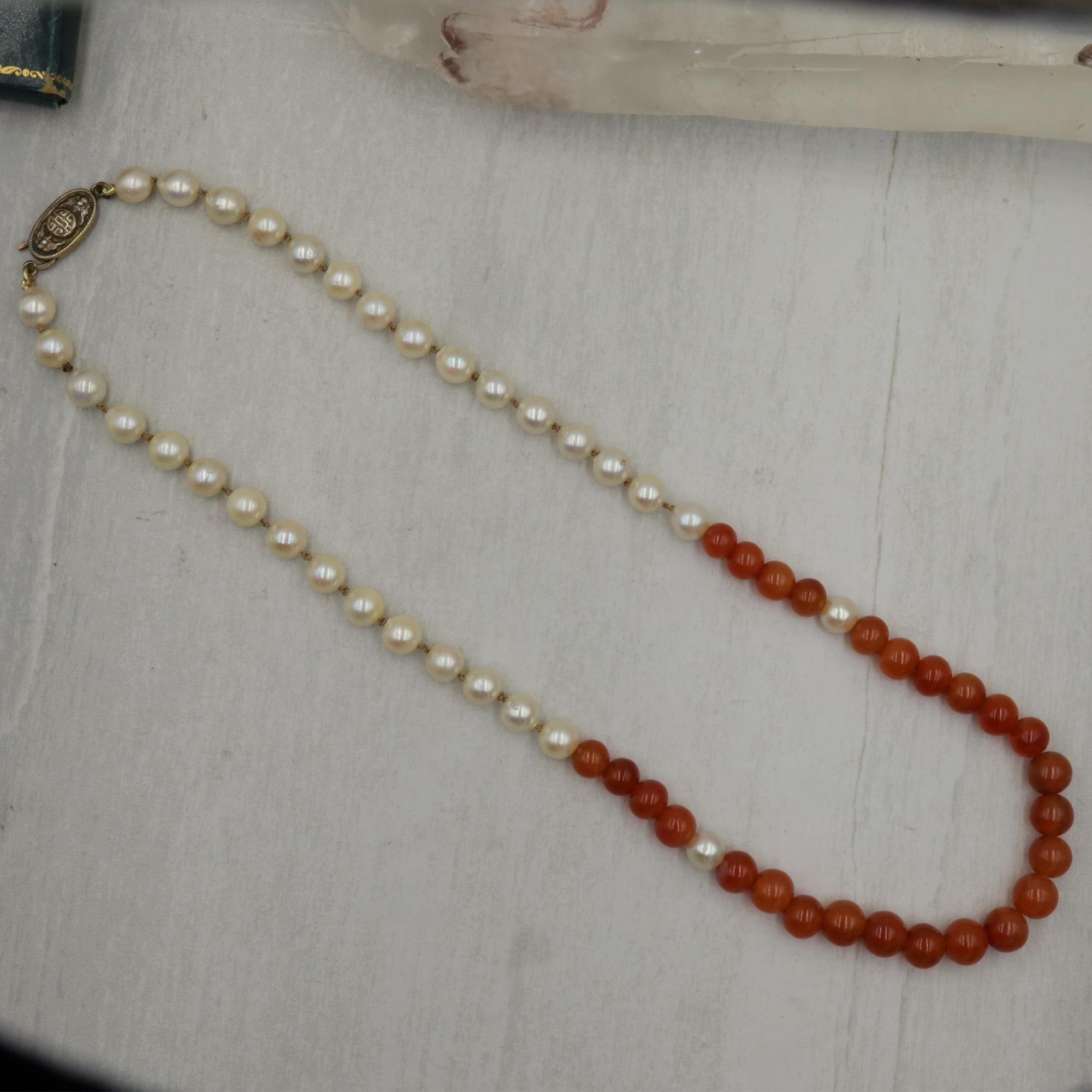 Vintage Carnelian and Pearl Necklace 21" Length