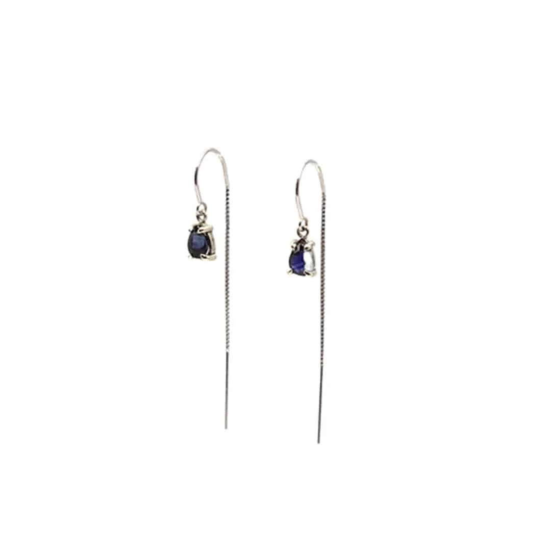 Petra Star sapphire threader earrings in 14k white gold, featuring elegant blue sapphires and sleek design.