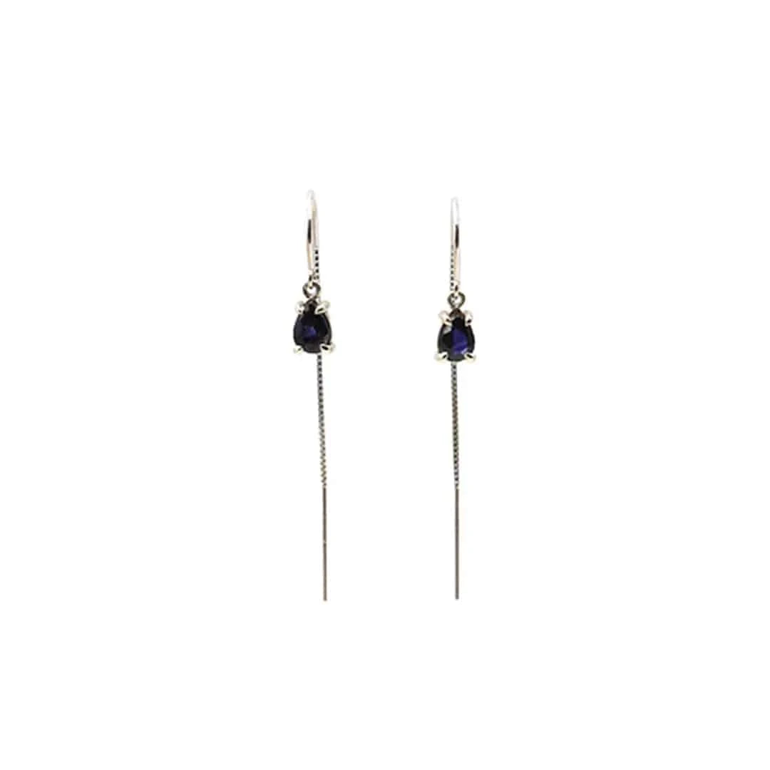 Petra Star sapphire threader earrings in 14k white gold featuring sleek, elegant design and vibrant blue sapphires.