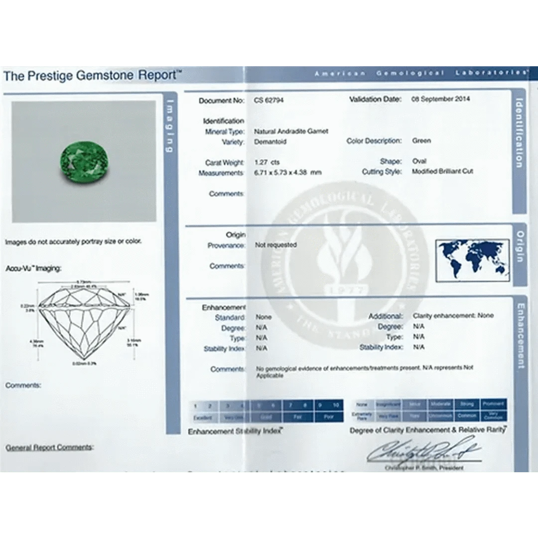 Laboratory report image of Petra Star Demantoid Garnet ring in satin 14k yellow gold with antique stone setting.