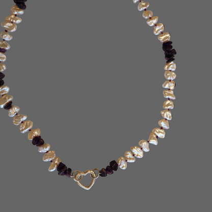 Amethyst and Keshi Pearl Necklace with Silver Heart Charm Holder Clasp – Strung on Purple Silk, 20” - Petra Star