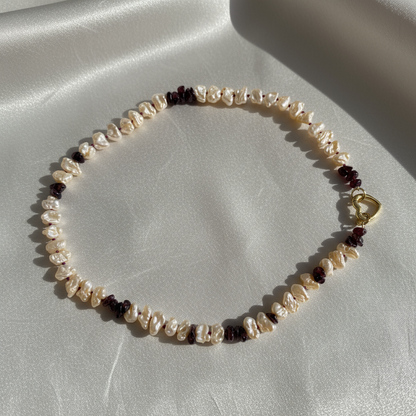 Amethyst and Keshi Pearl Necklace with Silver Heart Charm Holder Clasp – Strung on Purple Silk, 20” - Petra Star