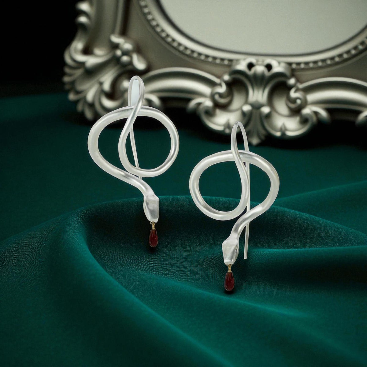 Serpent Earrings with Garnet Drops - Petra Star