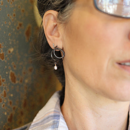 Blackened Silver Snake & Pearl Earrings