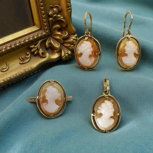 Victorian Shell Cameo Earrings, Ring & Pendant in 18k Yellow Gold