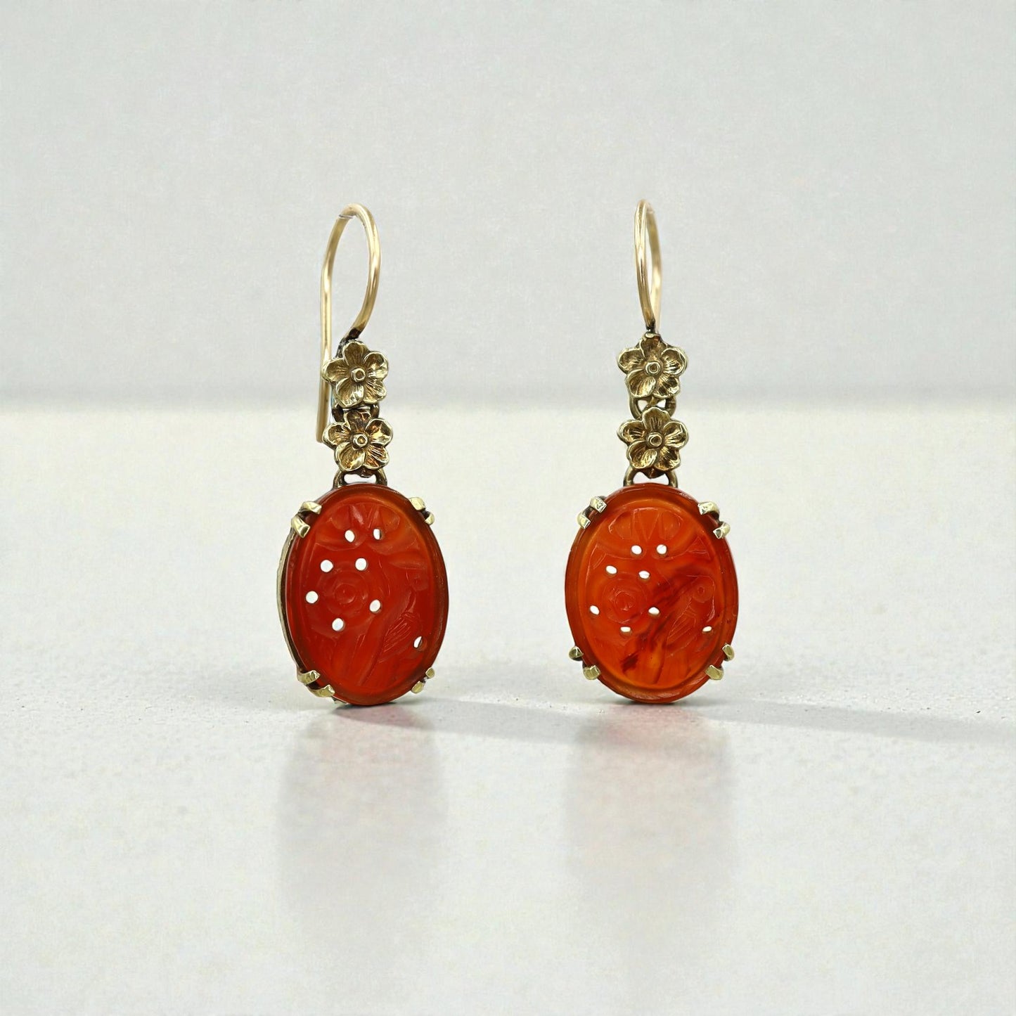 Art Nouveau Carved Carnelian Earrings 14k Yellow Gold - Petra Star