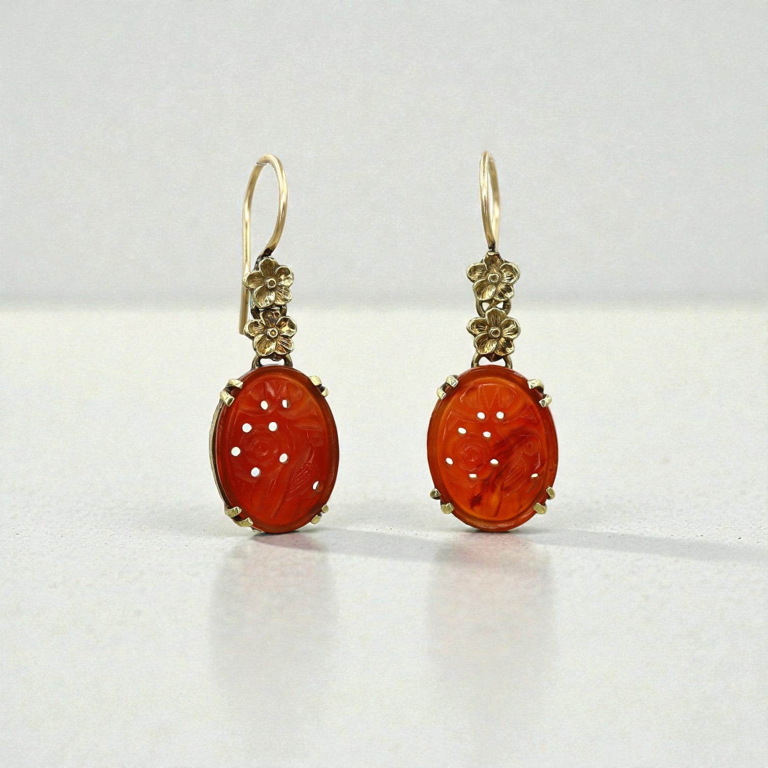 Art Nouveau Carved Carnelian Earrings 14k Yellow Gold - Petra Star