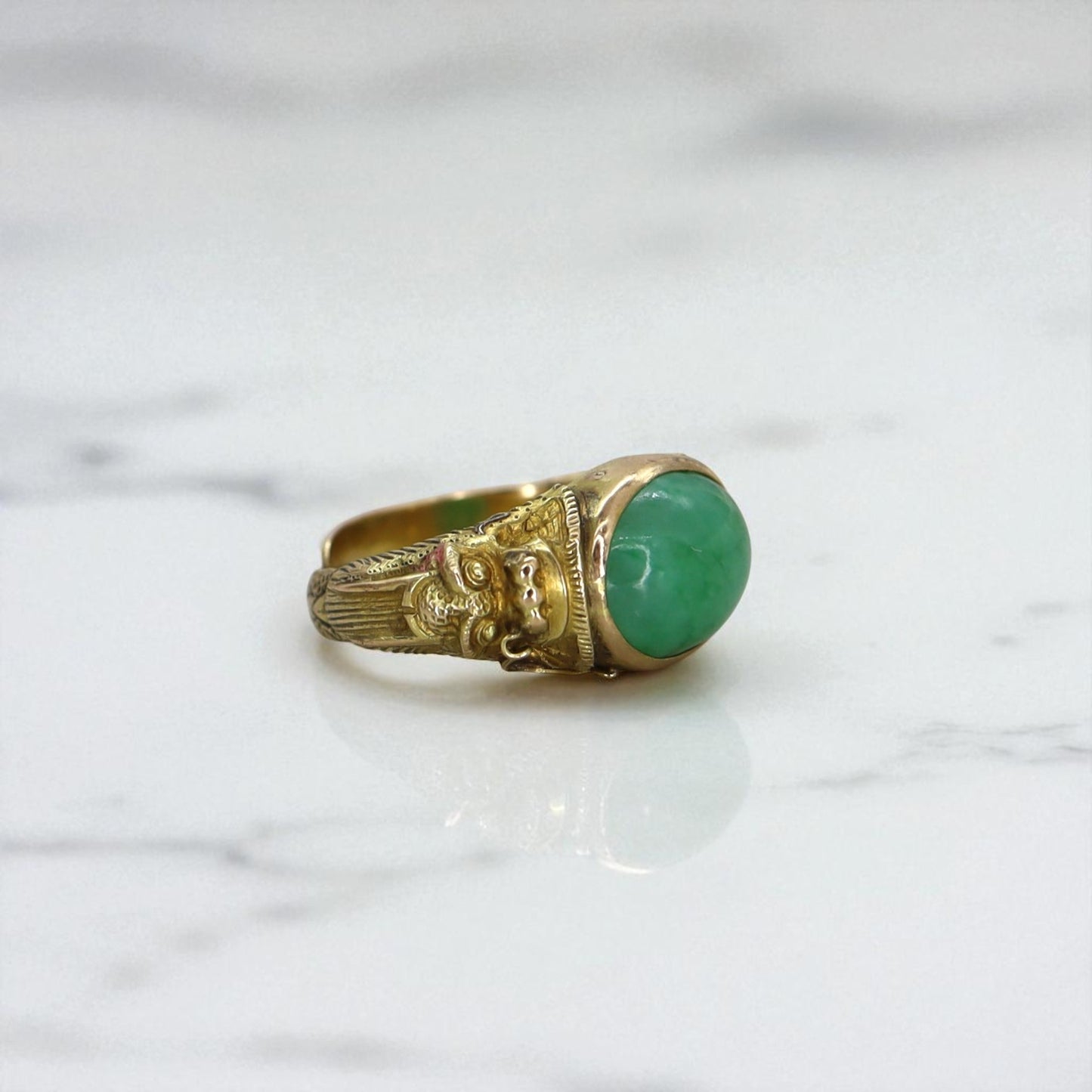 Art Nouveau Chinese Jade Saddle Ring 18K with Dragons - Petra Star