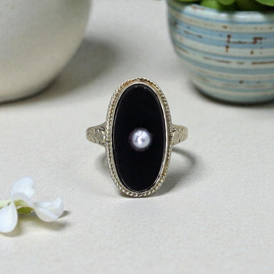 Art Deco Onyx and Pearl Ring in 14k White Gold