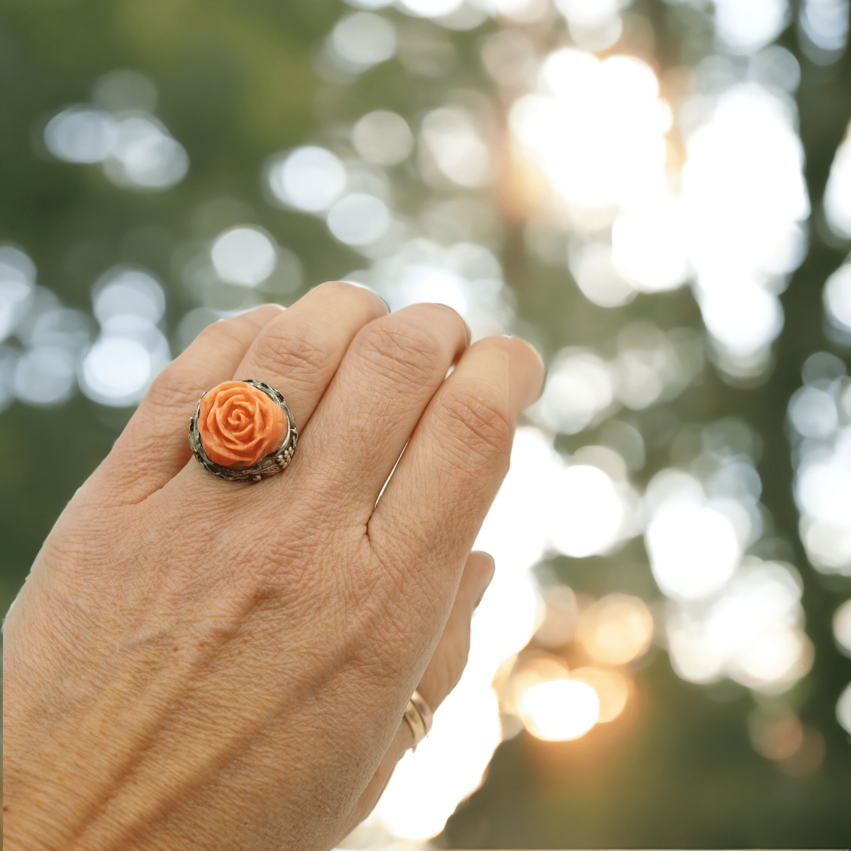 Antique Chinese Carved Coral Ring in Sterling Silver - Petra Star