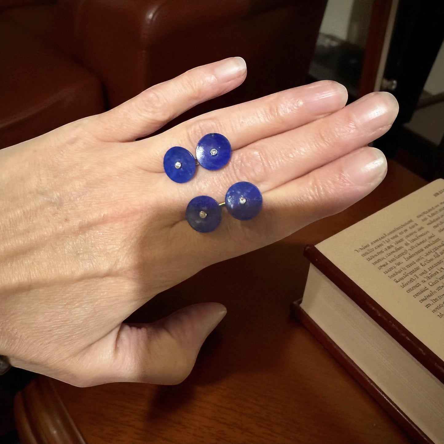 Antique Lapis & Diamond Cufflinks – 14k Yellow Gold, Old European Cut, Double-Sided