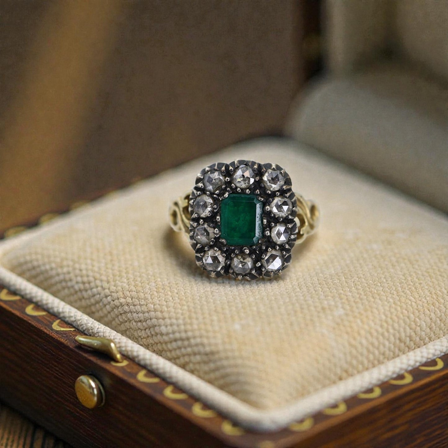 Georgian Emerald and Rose Cut Diamond Halo Ring, c.1820 | 14k Gold & Silver Closed Back