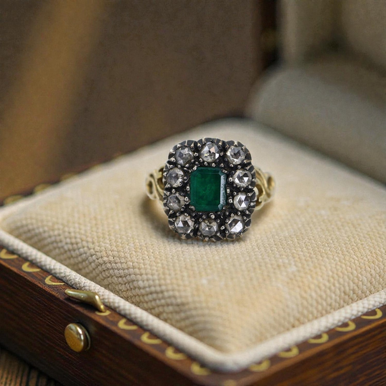 Georgian Emerald and Rose Cut Diamond Halo Ring, c.1820 | 14k Gold & Silver Closed Back - Petra Star
