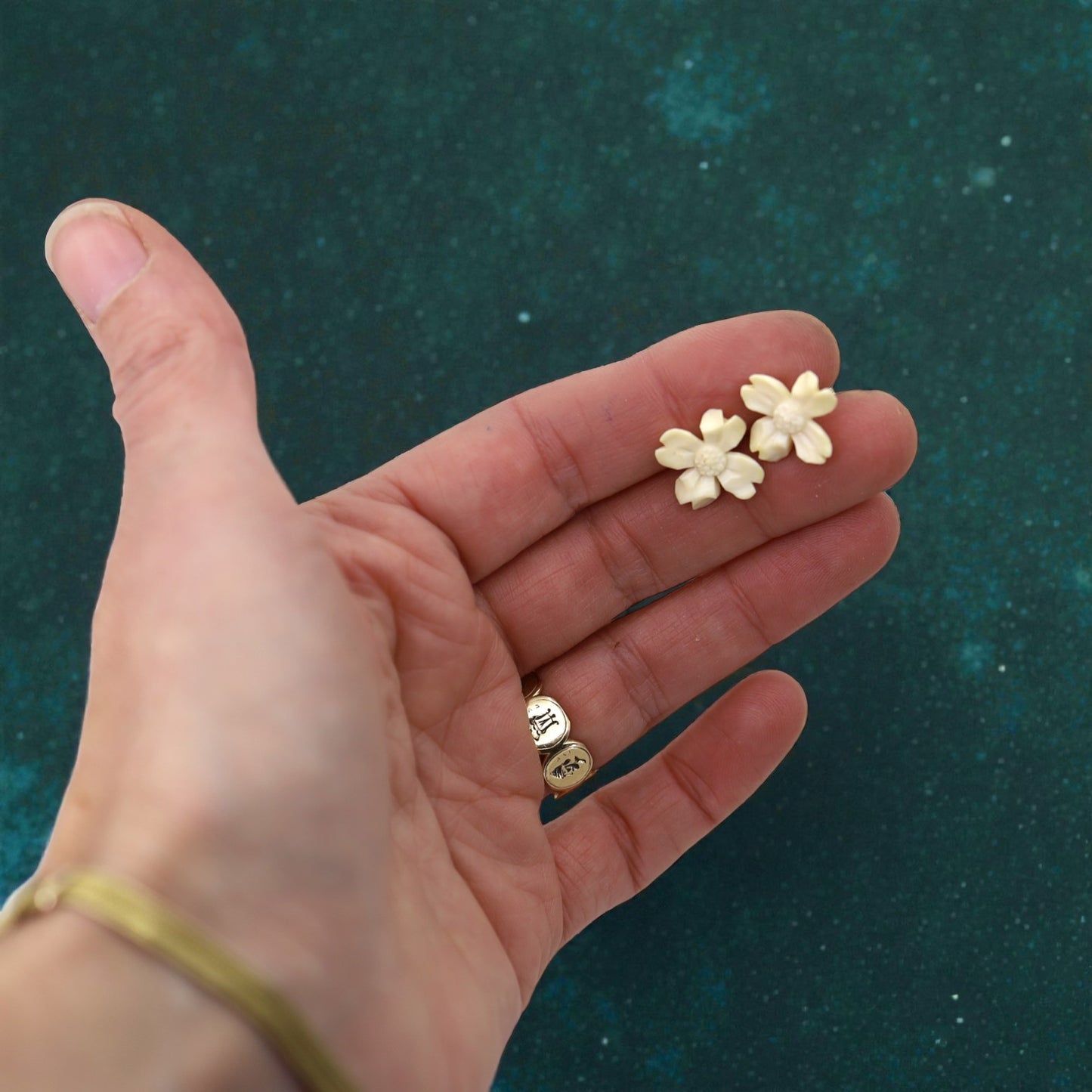 Hand-Carved Antique Edelweiss Celluloid Flower Stud Earrings on Gold-Filled