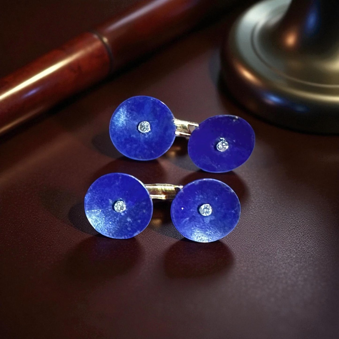 Antique Lapis & Diamond Cufflinks – 14k Yellow Gold, Old European Cut, Double-Sided