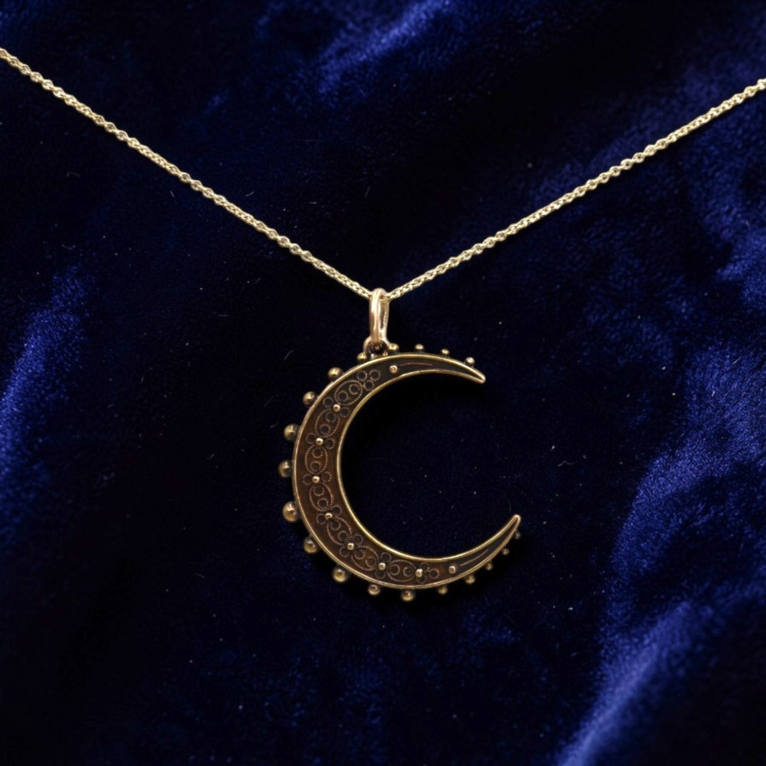 Antique Victorian Etruscan Revival crescent moon pendant in 15k gold with intricate detailing, crafted by Petra Star.
