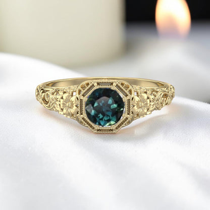 Vintage Floral Semi-Mount Ring 14k Gold | Round 4.6–5mm Center Stone | Engagement Ring | Petra Star - Petra Star